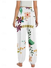 billiga Grafisk linnebyxa i bomull-Dam Linneinspirerade byxor Brett skaft Byxor Etnisk Stil Ledigt Boho Fullängd Hög midja Blommig Ficka Elastisk midja Tryck Mateial som andas Mjuk Microelastisk Utomhus Yoga Vit Gul Rosa Purpur Sommar