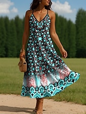 preiswerte Blumenkleider-Damen Maxikleid A Linie Kleid Unterkleid Urlaub Lässig Outdoor Normale Passform Blumen Grafik Ärmellos V Ausschnitt Spaghettiträger Gelb Rote Blau Purpur Sommer Frühling