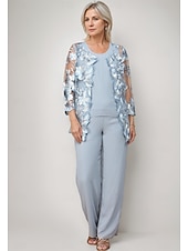 abordables Costumes-pantalons pour maman-tailleur pantalon bleu jaune 3 pièces robe mère de la mariée élégant col rond longueur au sol mousseline manches longues cache-cœur inclus avec broderie en dentelle 2025
