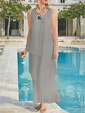 economico Lunghezza del pavimento-Matrimonio in Spiaggia Abito Madre della Sposa Linea A Ospite di Matrimonio Elegante Semplice Collo a V Lunghezza Caviglia Chiffon Senza Maniche con Strati Colore Solido 2025 misura personalizzata