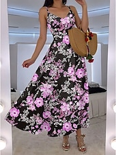 preiswerte Blumenkleider-Damen Maxikleid A Linie Kleid Unterkleid Urlaub Lässig Boho Hochzeit Outdoor Ausgehen Normale Passform Blumen Grafik Ärmellos V Ausschnitt Rosa Blau Orange Sommer Frühling