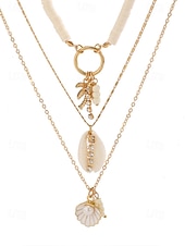 cheap Women&#039;s Necklace-Women&#039;s Boho Layered Shell and Bead Necklace Set – Beach-Style Turquoise Pendant and Gold Charms for Summer Vacations and Festivals