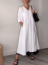 cheap Design Cotton &amp; Linen Dresses-Women&#039;s Maxi Dress A Line Dress Linen Summer Dress Casual Daily Regular Fit Graphic 3/4 Length Sleeve V Neck Black White Blue Gray Summer