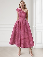 voordelige Cocktailjurken-Jacquard Groen Blauw A-Lijn Cocktailjurk Elegante Jurk Formele Bruiloft Gast Enkellengte Mouwloos Één Schouder Nylon met Zak Schouderbloem Bruiloft Gast Jurk
