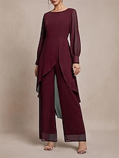 preiswerte Unter 129,99 $-Hosenanzug Brautmutter Klassischer Rundhalsausschnitt Asymmetrischer Saum Chiffon Lange Ärmel mit Einfarbig