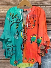 Women's Blouse V Neck Layered Ruffle Sleeve Tops Floral Graphic Bird Daily Stylish Casual 3/4 Length Sleeve Regular Tops Daily Holiday Vacation Wear Print Red Orange Summer Spring4