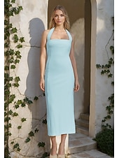 abordables Vestidos de cóctel-Vestidos de cóctel color amarillo mantequilla estilo sheath  columna elegante vestido semi formal de boda longitud té sin mangas cuello halter de crepé elástico sin respaldo