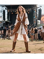levne Cowboy &amp; Western Boots-Dámské hnědé kovbojské boty v bohémském westernovém stylu – klasické prošívání s blokovým podpatkem pro hudební festivaly, běžné nošení a outdoorové nošení