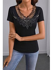 billige Plain t-skjorte-Dame Boho skjorte Bluse Blomsternål i krystall Moderne Fritid Kortermet V-hals Vanlige topper Daglig Ferie Ut på byen Lapper Broderi Svart Sommer