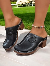 abordables Sabots et mules femme-Chaussures mules à talon carré perforé pour femme – style rétro chic pour les garden-parties, les promenades décontractées et les loisirs en plein air