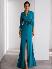 cheap BLUE-Blue A-Line Evening Gown Elegant Dress Formal Wedding Floor Length Long Sleeve Shirt Collar Stretch Crepe with Slit Shouder Flower 2025