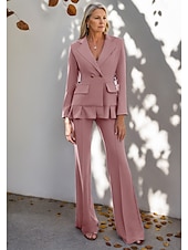 abordables Costumes-pantalons pour maman-Ensemble de pantalon deux pièces mère de la mariée élégant simple minimaliste col en V avec revers longueur totale crêpe manches longues avec volants boutons en métal printemps été 2025