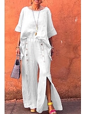 abordables Pantalon uni en coton et lin-Femmes Short en coton et lin Pantalon inspiré du lin Pantalon en coton et lin Mode Longueur complète Naturel Uni Taille Élastique Fendu Boucle Confortable Extérieur Extérieur Sortir Noir Blanche Vert