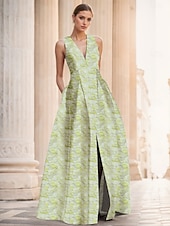 baratos AZUL-Linha A Vestidos de noite Elegante Vestido Formal Casamento Longo Sem Manga Decote V Fibra Sintética com Estampa floral Fenda Bolsos 2025