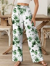 abordables jambe large et taille haute-Femmes Jambe large Chinos Pantalons Amples Vacances ancien Mode Longueur complète Taille haute Fleuri Graphique Cordon de serrage Impression Respirant Doux Micro-Élastique Vacances Rue Décontracté