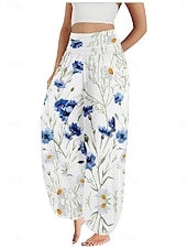 economico Pantaloni-Per donna Pantaloni ispirati al lino Gamba larga Pantaloni Stile Etnico Casual Boho Lunghezza intera Vita Alta Floreale Foglia Tropicale Tasca Elastico in vita Stampa Traspirabilità Morbido
