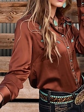 billige Boho topper-Dame Boho skjorte Bluse Blomsternål i krystall Moderne Fritid Bohem Langermet Skjortekrage Vanlige topper Daglig Ferie Knapper Trykt mønster Brun Sommer
