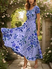 abordables Robes Boho-Femmes Robe maxi Robe Tricot Robe Décontractée Robe trapèze Robe d&#039;été Vacances ancien Ethnique Coupe régulière Fleuri Graphique Géométrique Manche Courte Col carré Col Rond Rose Claire Bleu Vert Ét