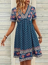 billige Boho-kjoler-Dame Mini kjole Kjole med A-linje Ferie Fritid Bohem utendørs Ut på byen Normal Blomstret Grafisk Kortermet Spagettistropper Navyblå Sommer