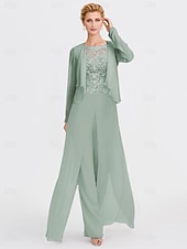 abordables Combinaisons pour maman-Ensemble jumpsuit  pantalon en deux pièces de mariage à la plage mère de la mariée invitée de mariage formelle élégante wrap inclus col bateau longueur sol chiffon manches 3/4 avec appliques 2025