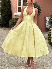 ieftine Casual / Nuntă de zi-Rochie A-line Rochie Jacquard Rochie Semi-formală Rochie cocktail Lungime midi Fără mâneci Guler halter Fundiță Spate descoperit cu detaliu cu dantelă Rochie pentru invitați la nuntă