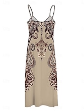 economico Abiti Boho-Per donna Abito maxi Vestito Estivo Abito a trapezio Abito Sottoveste Vacanza Casual Boho Uscire Spiaggia Vestibilità comoda Grafico Paisley Tribale Senza Maniche Scollo a V Spalline sottili Cachi