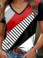billige Stripe og geometrisk t-skjorte-Dame T skjorte Grafisk Geometrisk Årgang Stilfull Klassisk Kortermet V-hals Vanlige topper Daglig Helg Trykt mønster Svart Sommer Vår