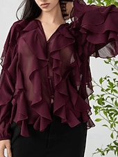 abordables Hauts sexy pour femmes-Femmes Chemise Chemisier Uni Élégant Moderne manche longue Col en V Hauts Réguliers Fête Sortir Superposé Vin Été