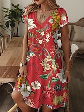 billiga Blommig klänning-Kvinnors Mini Klänning A-linje Klänning T-shirt Klänning Tee Klänning Avslappnad Semester Daglig Regular Fit Grafik Paisley Kort Ärmd V-hals Blå Beige Sommar Vår