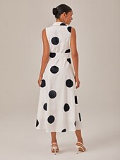preiswerte Blumenkleider-Damen blusenkleid Saum Maxi Maxidress Weiß Ärmellos Punkt Tasche Bindegürtel Sommer Kargen Casual S M L