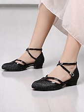 cheap Latin Shoes-Women&#039;s Black Glitter Low Heel Dance Shoes – Sparkly Ankle Strap Ballroom Shoes for Girls &amp; Ladies&#039; Performance or Practice