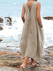 economico abiti stampati in cotone e lino-Per donna Abito Midi Abito in cotone e lino Essenziale Casual Vacanza Quotidiano Vestibilità regolare Semplice Senza Maniche Scollo a V Nero Vino Cachi Estate