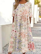 abordables Robes fleuries-Femmes Robe Midi Robe Décontractée Robe de patinage Robe d&#039;été Mode Moderne Quotidien Week-end Coupe régulière Fleuri Demi Manches Col en V Blanche Bleu Violet Kaki Été