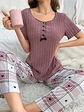 billige Pysjamassett for kvinner-Dame Pyjamas Pyjamas Sett Varm Mote Fritid Gitter / Teppe Knapper T skjorte Bukse Hjem Daglig Seng Kortermet Crew-hals Lilla Sommer Vår Skreddersydd