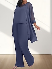 billige Gulvlengde-Jumpsuit  Buksedress 3 Delt Mor til bruden Kjole Bryllupsgjest Elegant Ledig Rund Utringning Gulvlengde Chiffon 3/4 Lengde Ermer med Perleapplikasjoner
