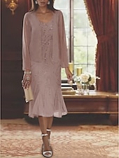 voordelige Met Jas-Strand Bruiloft Twee Delige Zeemeermin Moeder van de Bruid Jurk Formele Bruiloft Gast Elegante Luxe V Hals Thee Lengte Chiffon Mouwloos Wikkel Inclusief met Beading Pailletten 2025 gratis op maat