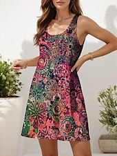 billiga Boho klänningar-Dam Mini klänning Solklänning A linjeklänning Sommarklänning Semester Ledigt Boho Dagligen Normal Grafisk Abstrakt Ärmlös U-hals Rodnande Rosa Blå Purpur Orange Sommar