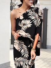 billiga Blommiga klänningar-Dam Maxiklänning Off Shoulder Klänning Semester Ledigt Boho Utomhus Strand Lös passning Grafisk Löv 3/4 ärm Enaxlad Svart Vit Blå Kaki Sommar