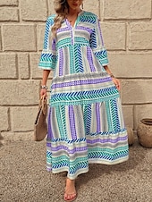 billige Boho-kjoler-Dame Maxikjole Solkjole Kjole med A-linje Fit And Flare Dress Ferie Fritid Bohem utendørs Fest Ut på byen Normal Grafisk Geometrisk Stamme Ermeløs V-hals Rød Blå Grønn Sommer Vår