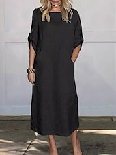 economico Camicie-Maxi abito da donna abito a linea abito estivo in lino casual quotidiano vestibilità regolare grafico semplice maniche 3/4 collo rotondo nero bianco rosso blu estate