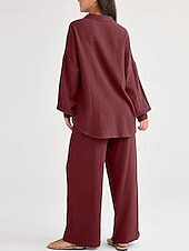 billiga Uppsättningar-Dam Mode Streetwear Skjorta Tvådelade set Byxuppsättningar Långärmad Tröjkrage Ensfärgat Snörning Dagliga kläder Datum Svart Vin Armégrön Vår Normal
