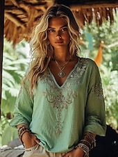 abordables Tops Boho pour Femmes-Femmes Chemisier Fleuri Graphique Paisley Bohème ancien Tropical Manche 3/4 Col en V Hauts Réguliers Froncé Broderie Imprimé Rose Claire Bleu Violet Vert Été Printemps