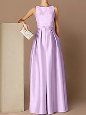 preiswerte Sekt-Strandhochzeit A-Linie Abendkleid Elegantes Kleid Formelle Abend Bodenlanger Ärmellos Schmuck-Ausschnitt Herbst Hochzeitsgast Satin mit Gurt/Ribbon Falten Applikationen 2025