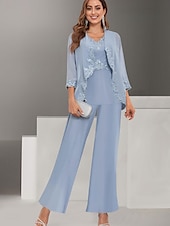 preiswerte Hosenanzüge für Mama-Hosenanzug Brautmutterkleid Hochzeitsgast Elegant Einfach Rundausschnitt Bodenlang Polyester Langarm mit Einfarbig 2025