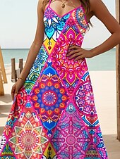tanie Sukienki boho-Damskie Sukienka maxi Sukienka A line Sukienka na ramiączkach Urlop Codzienny Boho Plaża Regularny Kwiaty Graficzny Bez rękawów W serek Cienkie ramiączka Czerwony Niebieski Zielony Lato Wiosna