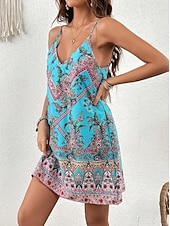abordables Robes Boho-Femmes Mini Robe Robe trapèze Robe Nuisette Vacances Occasionnel Boho Sortir Plage Coupe Standard Graphique Tribal Sans manches Col en U Bleu Été Printemps