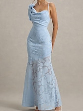 baratos AZUL-Vestido de noite estilo celebridade, sereia/trompete azul, renda floral queimada, comprimento até o chão, sem mangas, decote coração com laço(s), 2025