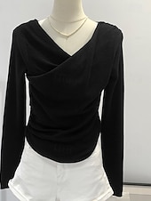 ieftine tricou simplu-Pentru femei Bluză Simplu Modern Manșon Lung În V Topuri obișnuite Concediu Ieșire Zdrobit Negru Roz Îmbujorat Albastru piscină Caisă Vară