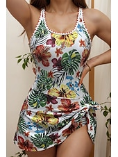 abordables Robes de bain-Femmes Maillots de Bain Une Pièce Maillot de bain Froncé Tropical Tenues de plage Fleur Col rond Sans manches Maillots de bain