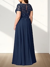 voordelige Vloerlengte-A-lijn Plus Size Curve Moeder van de Bruid Jurk Bruiloft Gast Elegant Crew Neck Vloerlengte Chiffon Kant Korte Mouw met Tailleband  Lint Beading Applicaties